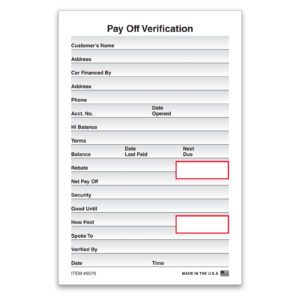 Pay Off Verification  - Qty 100 Per Pad
