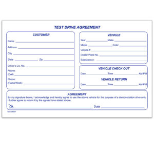 Test Drive Agreement Form - Qty. 100 Per Pad